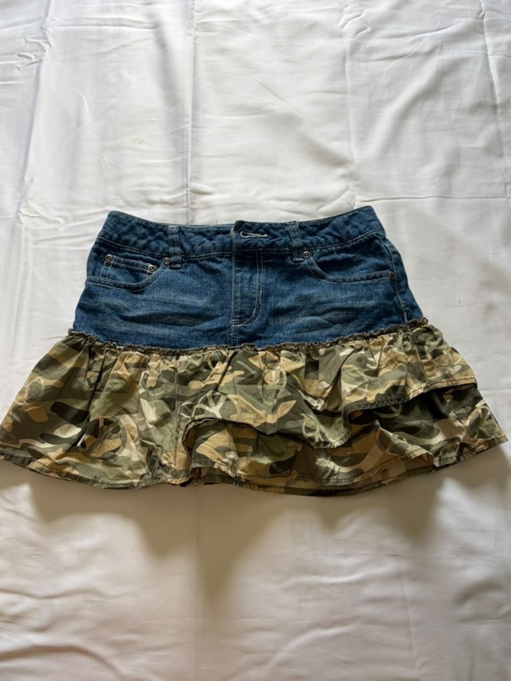 Free People Denim Mini Skirt with Camo Ruffle - Blue and Green